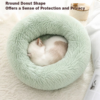 Soft Plush Faux Fur Donut Pet Bed for Small Cats & Dogs, Warm Calming Sleeping Nest, Washable Round Cushion Pad