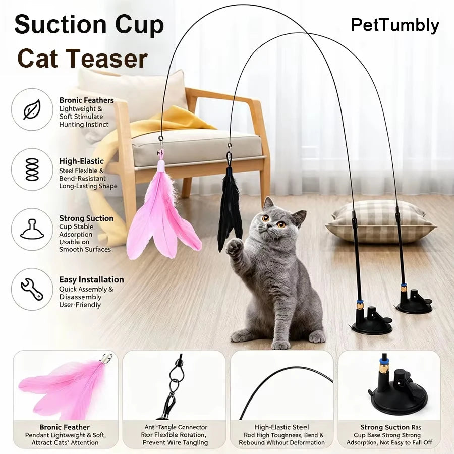 1Pc Cat Teasers Stick Interactive Toys Pet Feather Bell For Cat Exercise Self-Entertainment，kitten With Suction Cup Teaser Stick