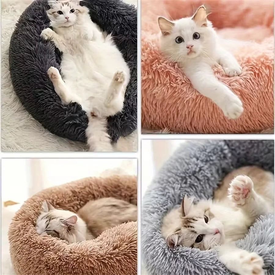 Soft Plush Faux Fur Donut Pet Bed for Small Cats & Dogs, Warm Calming Sleeping Nest, Washable Round Cushion Pad