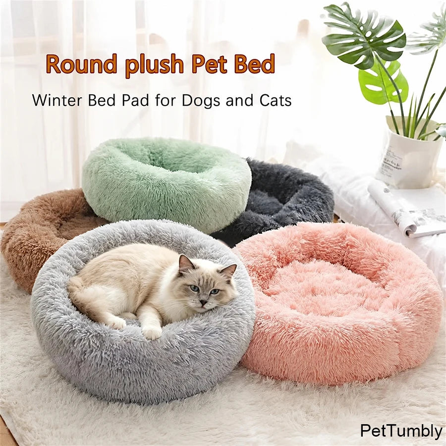 Soft Plush Faux Fur Donut Pet Bed for Small Cats & Dogs, Warm Calming Sleeping Nest, Washable Round Cushion Pad