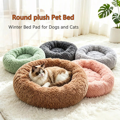 Soft Pet Cat Bed Pad Plush Warm Faux Fur Dog Calm Bed Donut Round Bed Comfortable Sleeping Washable for Small Medium Dog and Cat