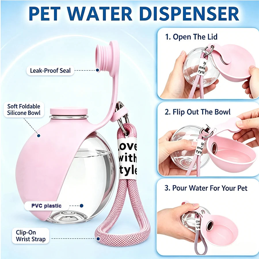 Portable Foldable Pet Water Bottle, Leak-Proof Outdoor Dog and Cat Drinking Bowl, with Lanyard and Hook, Compact, Pet Feeder